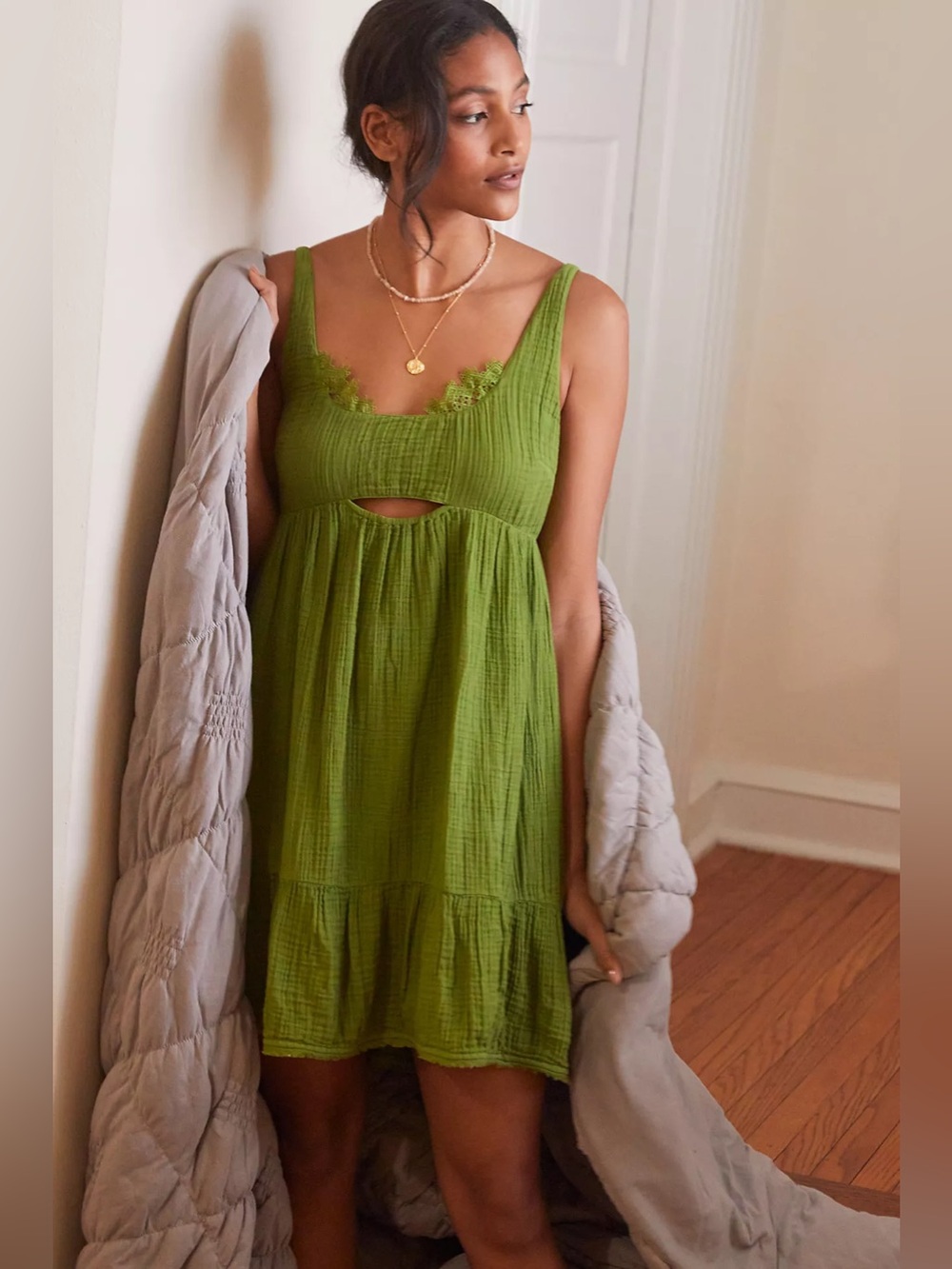 NEW Anthropologie Green Cotton Cutout Mini Dress Gauze Medium